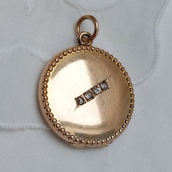 1903 Antique Edwardian Gold locket with rhinestones and monogram