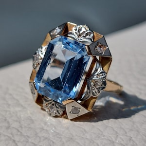 Vintage Statement 14k Gold Ring with an Icy Blue Stone and Rose Cut Diamonds
