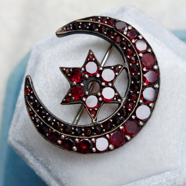 Victorian Moon & Star Brooch with flat and rose cut Garnets