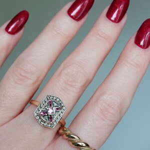 Antique Pave Diamonds Ring with a central Natural Pink Sapphire and Rubies image 7