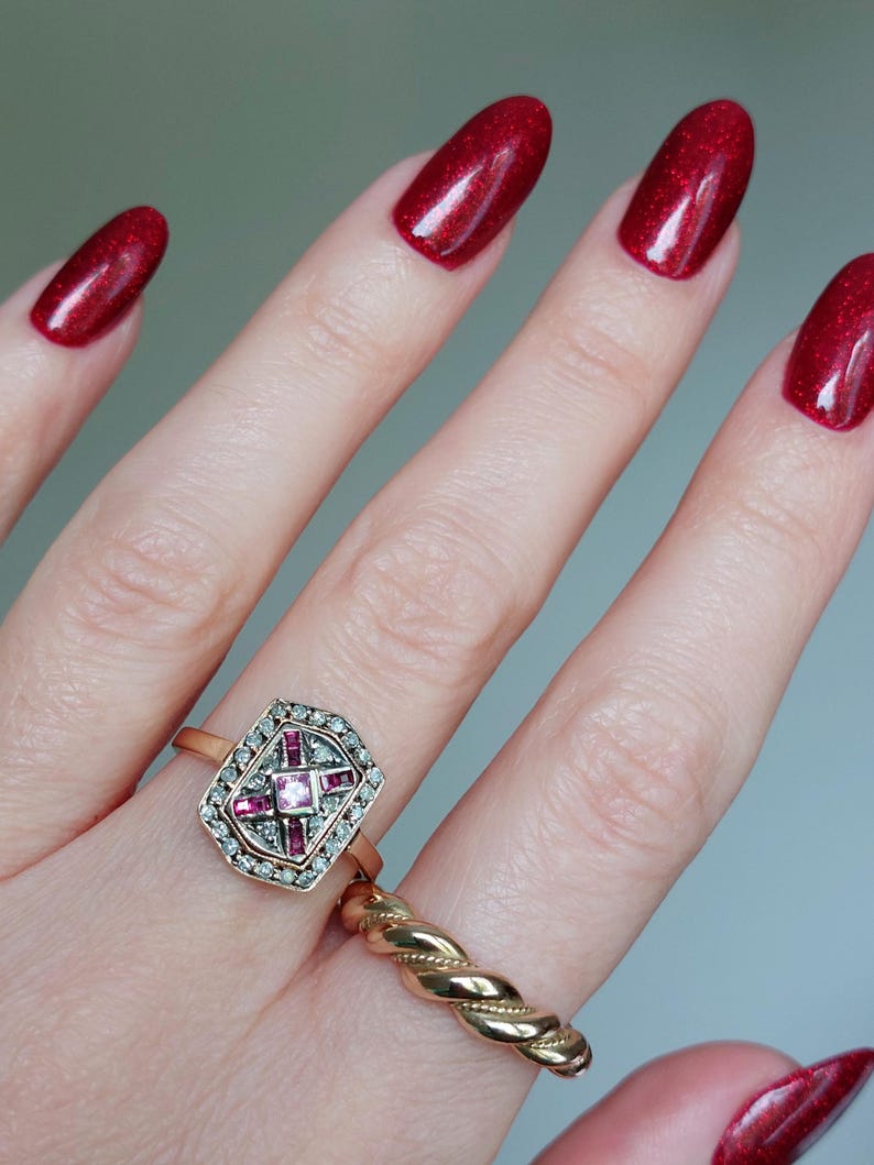Antique Pave Diamonds Ring with a central Natural Pink Sapphire and Rubies image 7