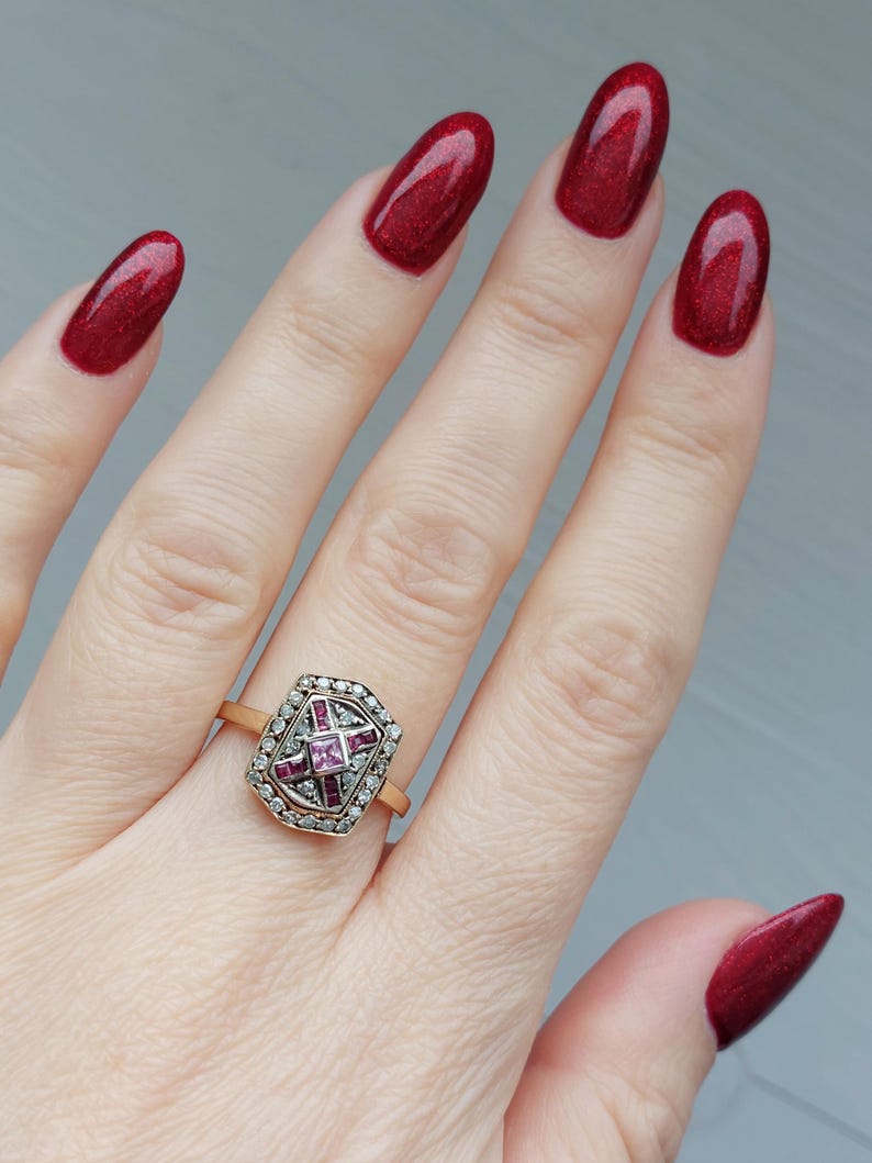 Antique Pave Diamonds Ring with a central Natural Pink Sapphire and Rubies image 2
