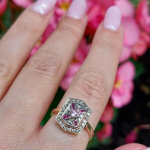 Antique Pave Diamonds Ring with a central Natural Pink Sapphire and Rubies image 4