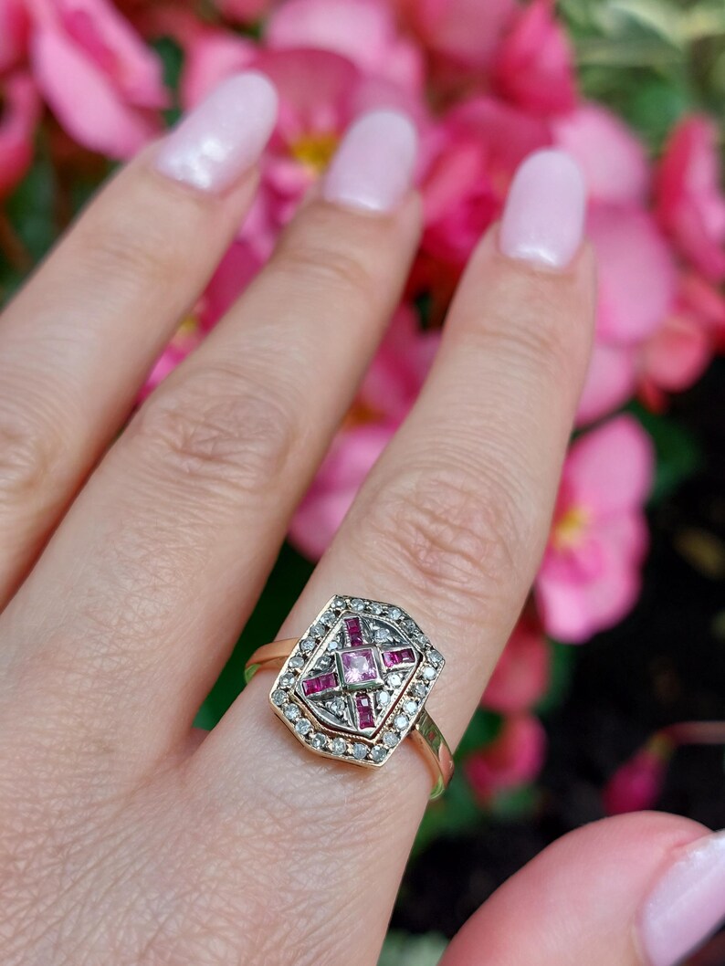 Antique Pave Diamonds Ring with a central Natural Pink Sapphire and Rubies image 4
