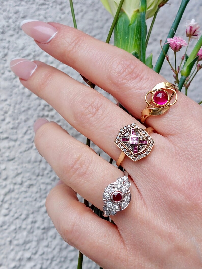 Antique Pave Diamonds Ring with a central Natural Pink Sapphire and Rubies image 15