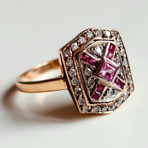 Antique Pave Diamonds Ring with a central Natural Pink Sapphire and Rubies image 5