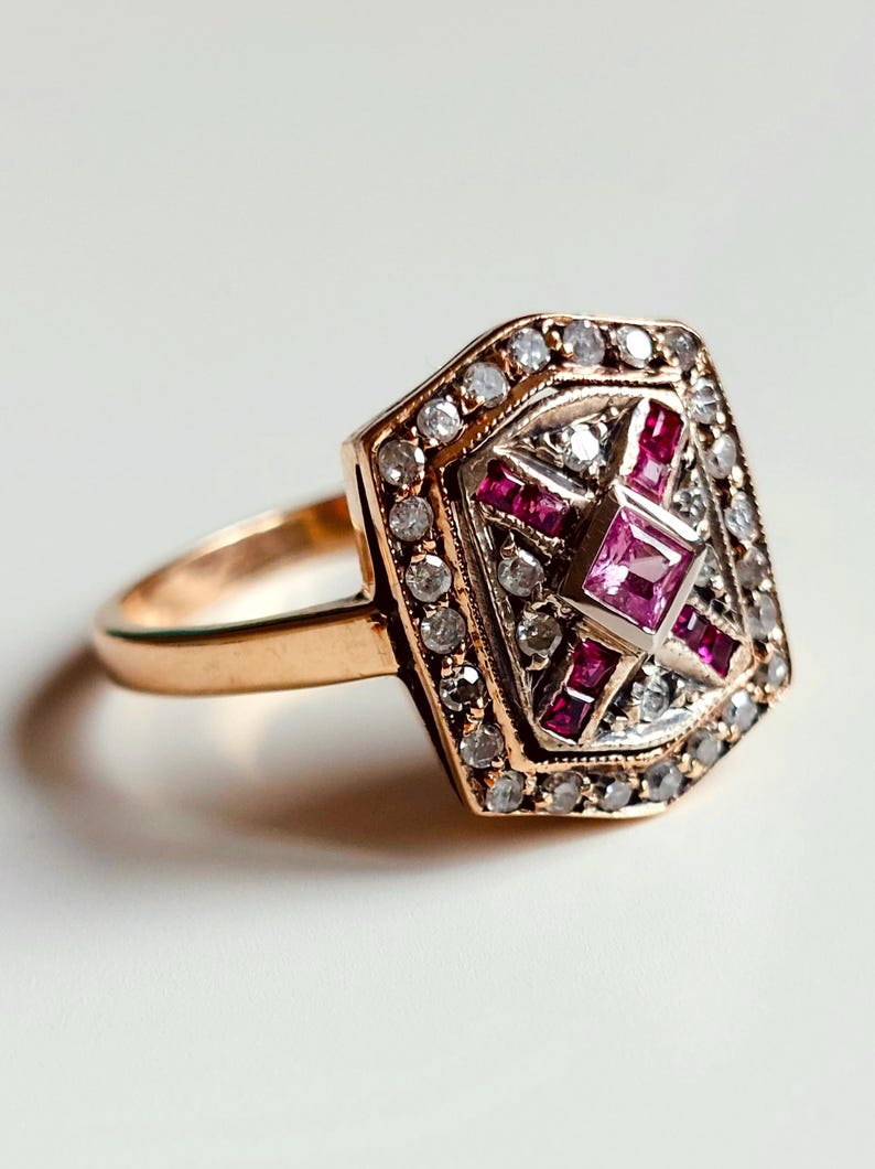 Antique Pave Diamonds Ring with a central Natural Pink Sapphire and Rubies image 5