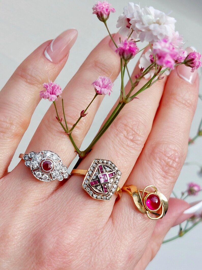 Antique Pave Diamonds Ring with a central Natural Pink Sapphire and Rubies image 14