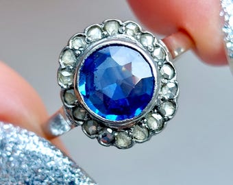 Art Deco Daisy Cluster Ring with Sapphire and Rose Cut Diamonds