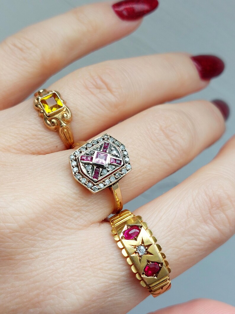 Antique Pave Diamonds Ring with a central Natural Pink Sapphire and Rubies image 6
