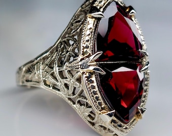 Toi et Moi Art Deco 14k White Gold Navette Ring with Garnets