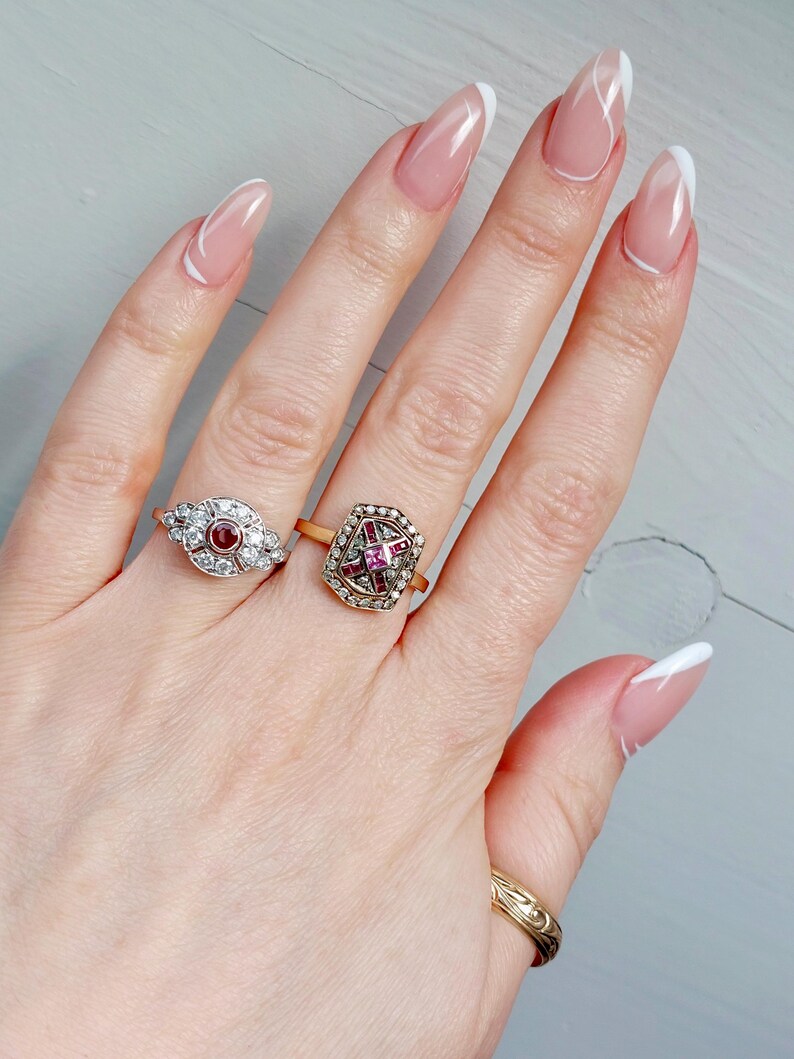 Antique Pave Diamonds Ring with a central Natural Pink Sapphire and Rubies image 13