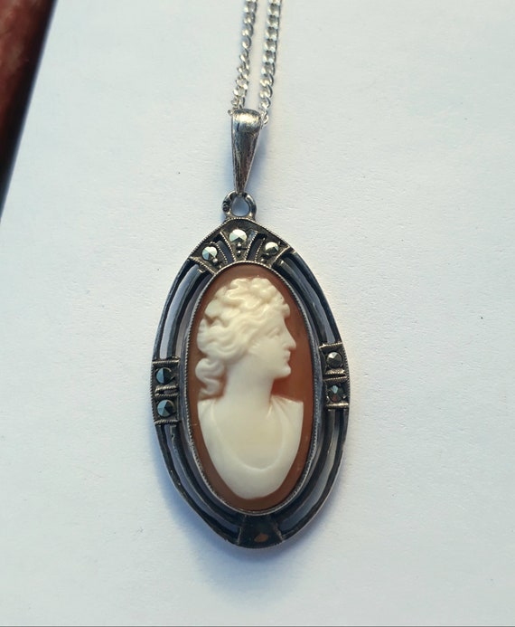 1950s Cameo Necklace - Hand Carved Shell Silver S… - image 7