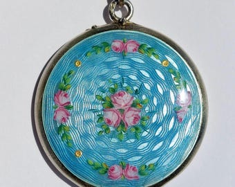 Art Deco blue guilloché enamel large locket with hand-painted roses