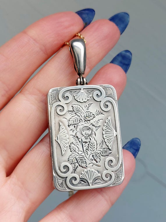 Victorian 1882 Rare Rectangular Silver Locket Wit… - image 9