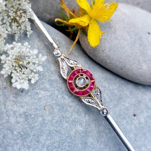 May include: A silver and gold hair pin with a central circular design featuring a ring of red gemstones surrounding a clear gemstone. The pin is decorated with leaf-like details and small clear gemstones. A yellow flower and white flowers are in the background.