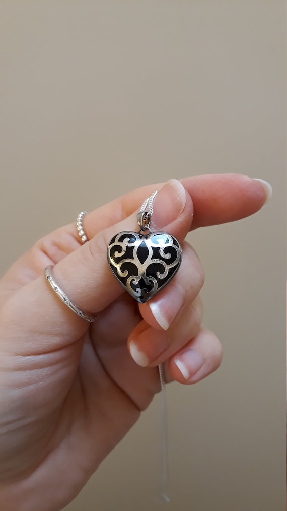 1980s Heart Shaped Pendant Necklace - Silver and B