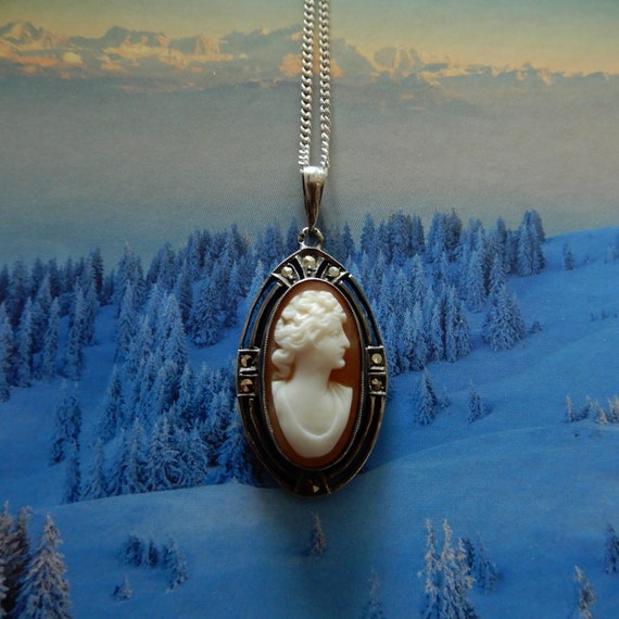 1950s Cameo Necklace - Hand Carved Shell Silver S… - image 2