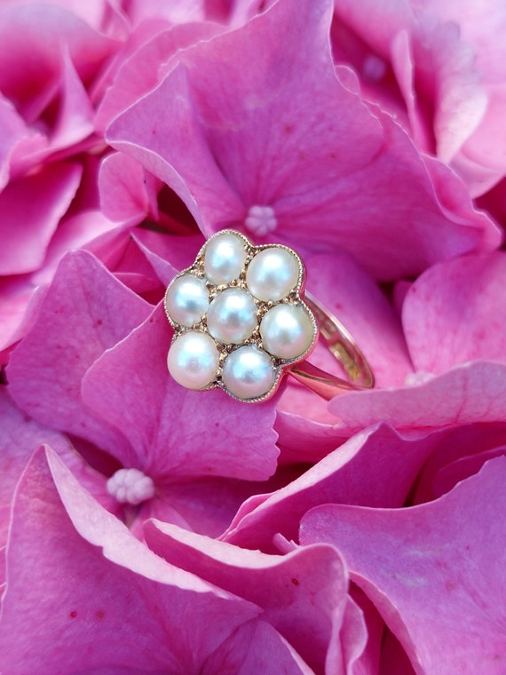 Antique Daisy Cluster Rose Gold Ring - 15ct Gold and Natural Pearls