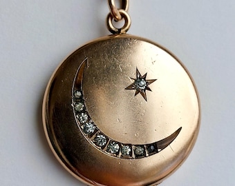 Moon Crescent and Star Victorian Locket with Rhinestones