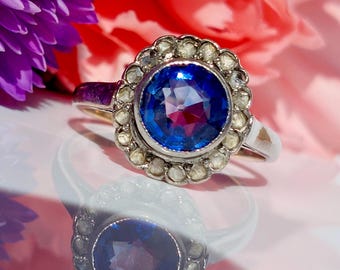 Art Deco Daisy Cluster Ring with Sapphire and Rose Cut Diamonds