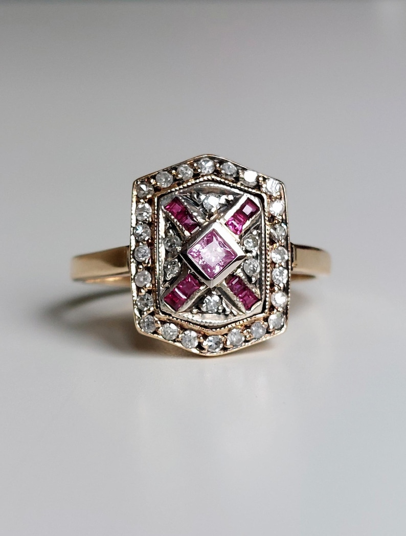 Antique Pave Diamonds Ring with a central Natural Pink Sapphire and Rubies image 1