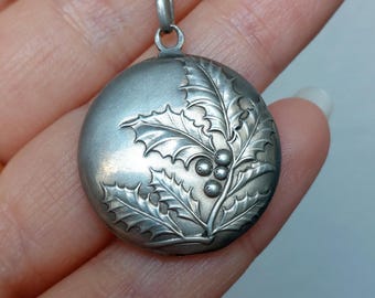 Antique French Silver Locket with Holly in Repoussé