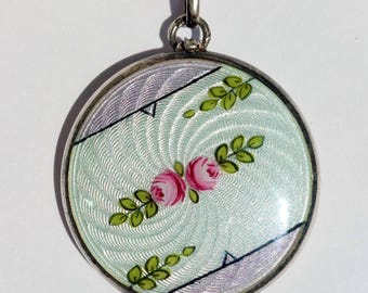 Art Deco Guilloché Enamel Silver Locket with hand-painted roses