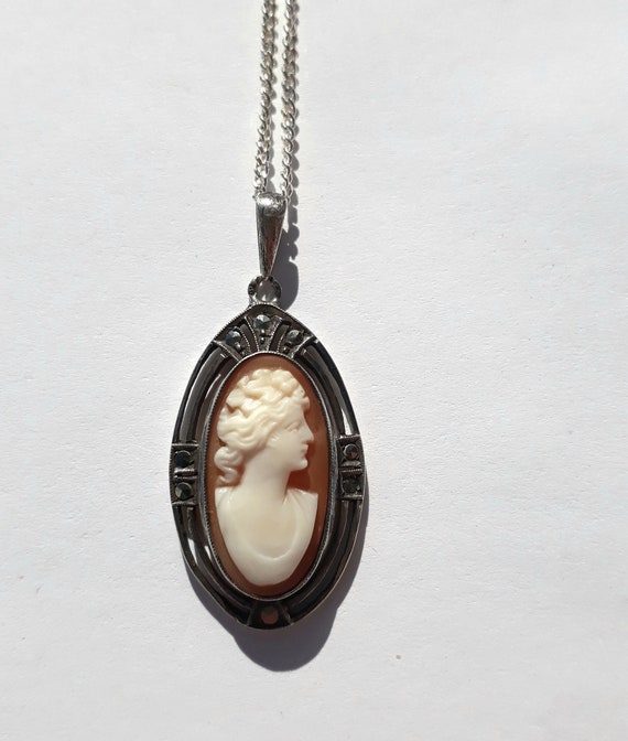 1950s Cameo Necklace - Hand Carved Shell Silver S… - image 8