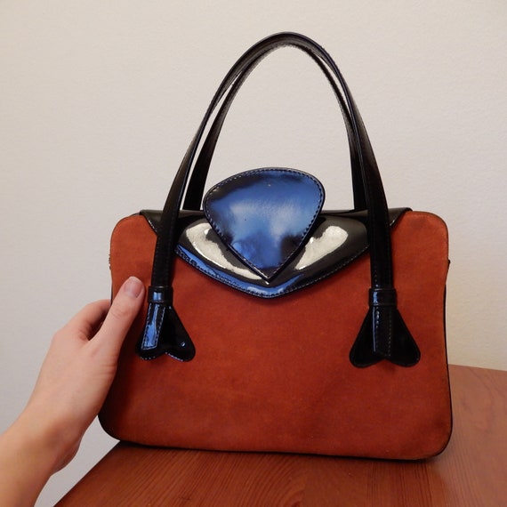 1960s Rust Orange Suede and Patent Leather Handbag - image 1