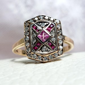 Antique Pave Diamonds Ring with a central Natural Pink Sapphire and Rubies image 3