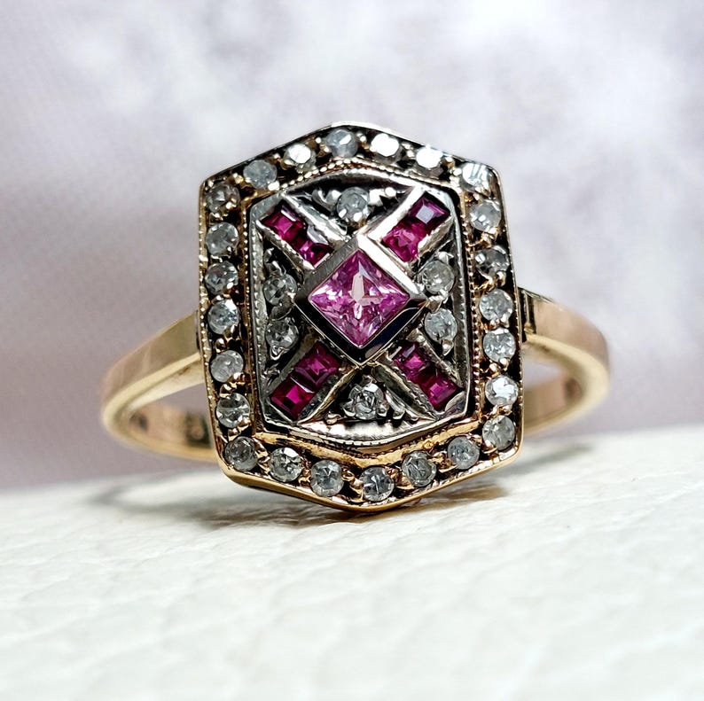 Antique Pave Diamonds Ring with a central Natural Pink Sapphire and Rubies image 3