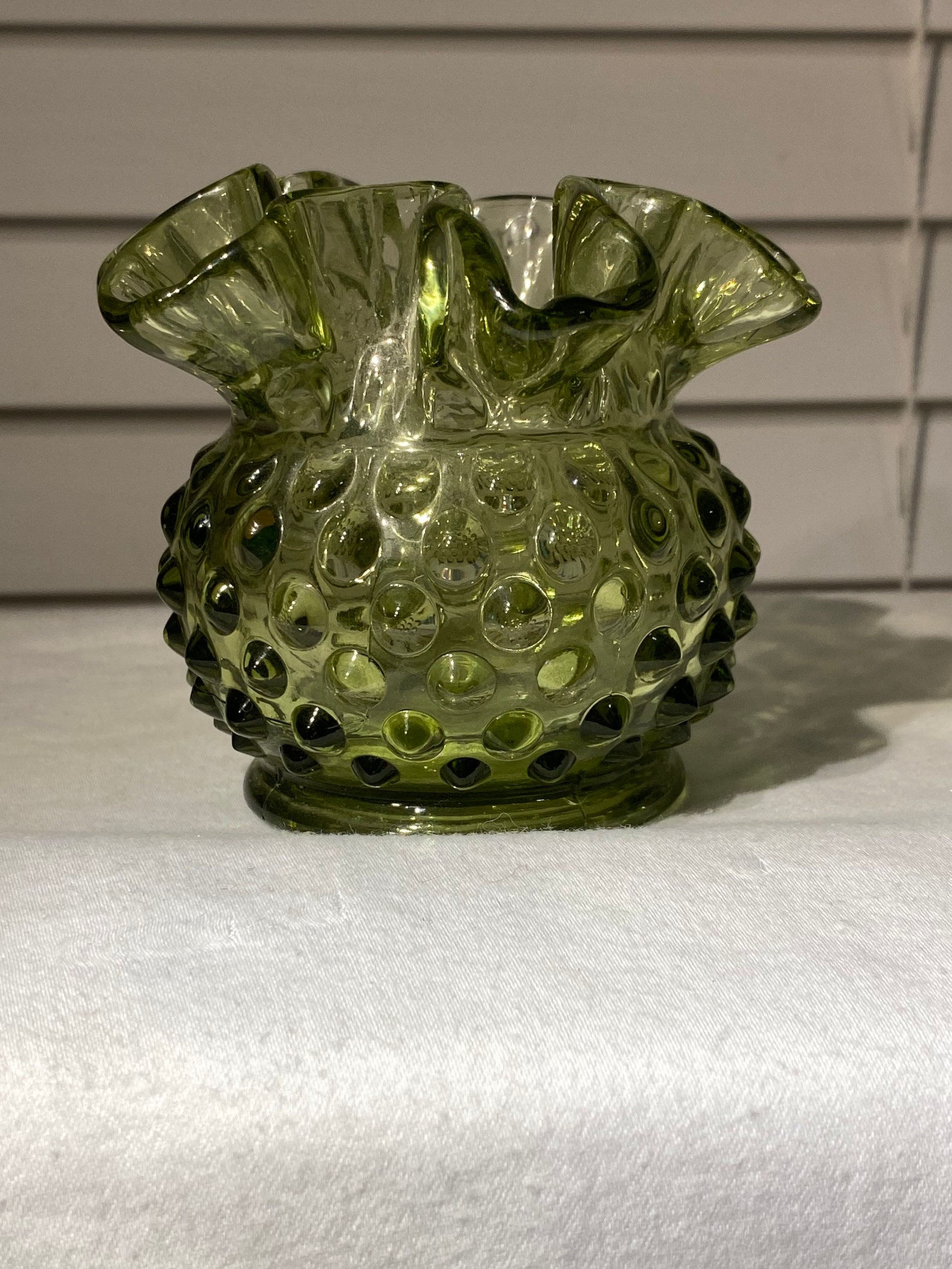 Vintage Fenton Hobnail Green Vase with ruffle top Etsy
