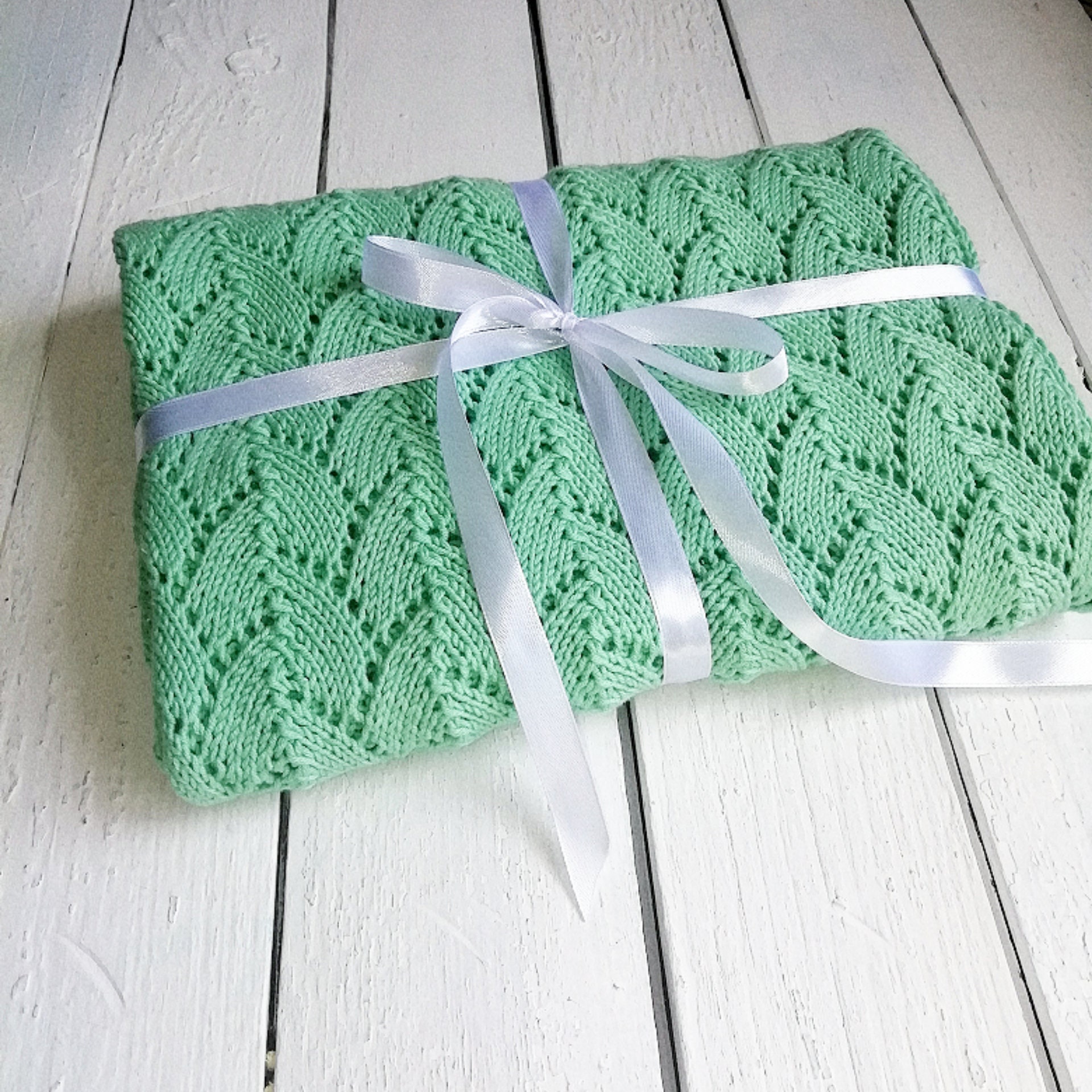 Hand knit baby mint green blanket Etsy