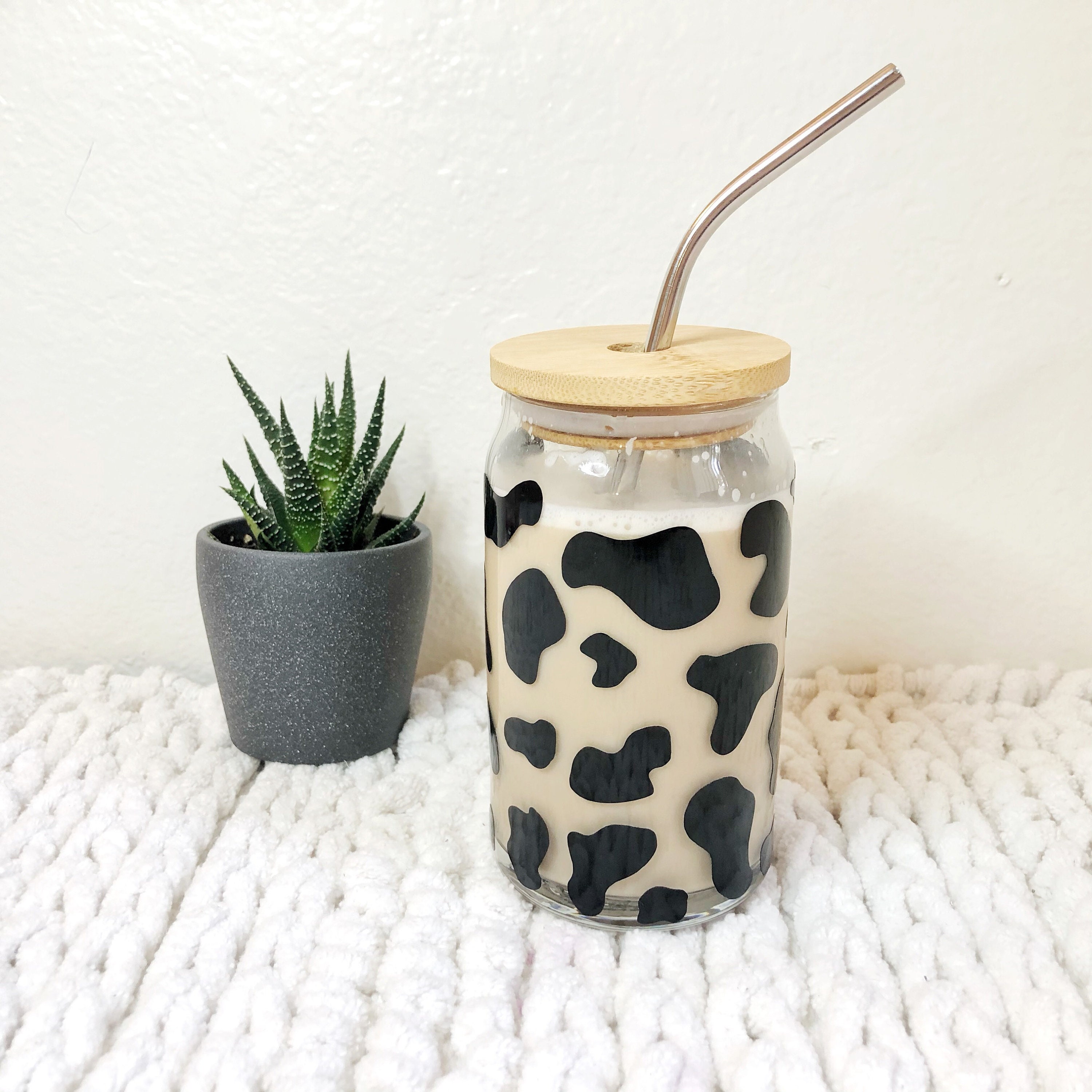 Cow Print Coffee Glass Can Cup, Cow print Tumbler, Coffee Glass cup, B –  Simply Perfect Designs