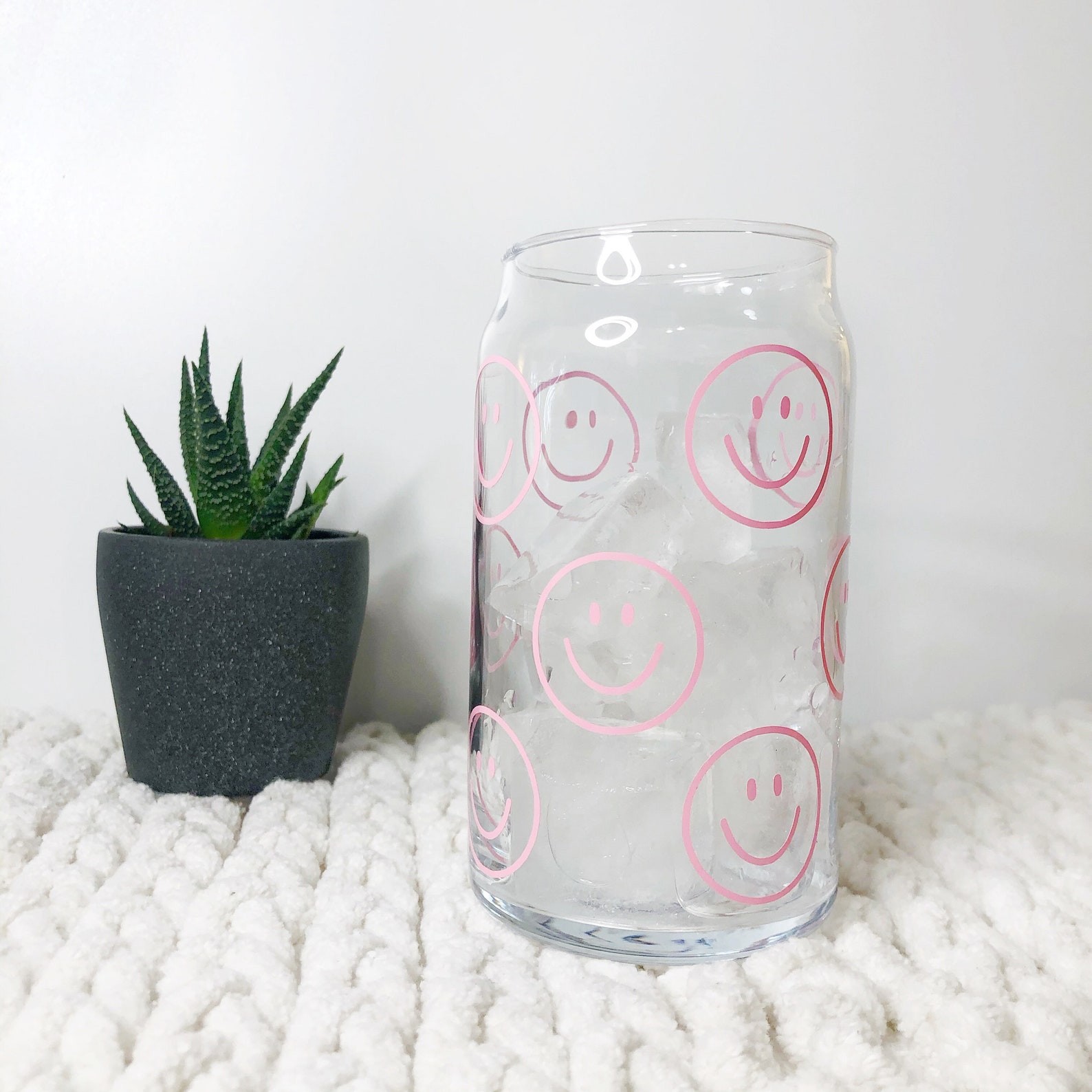 Smiley Face Glass Cup Smiley Face Glass Can Cup Smiley Cup Etsy
