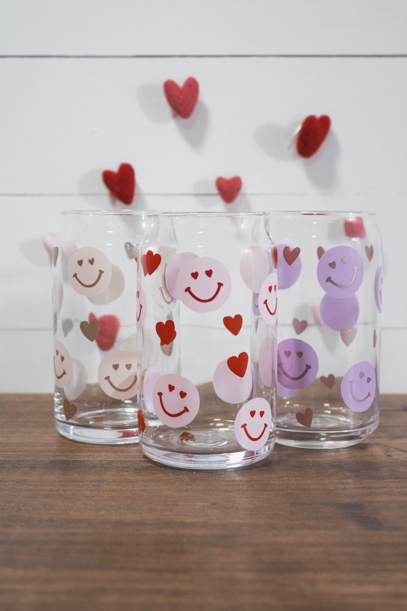 Heart Smiley Face Glass Cup Smiley Face Heart Cup Valentines Etsy
