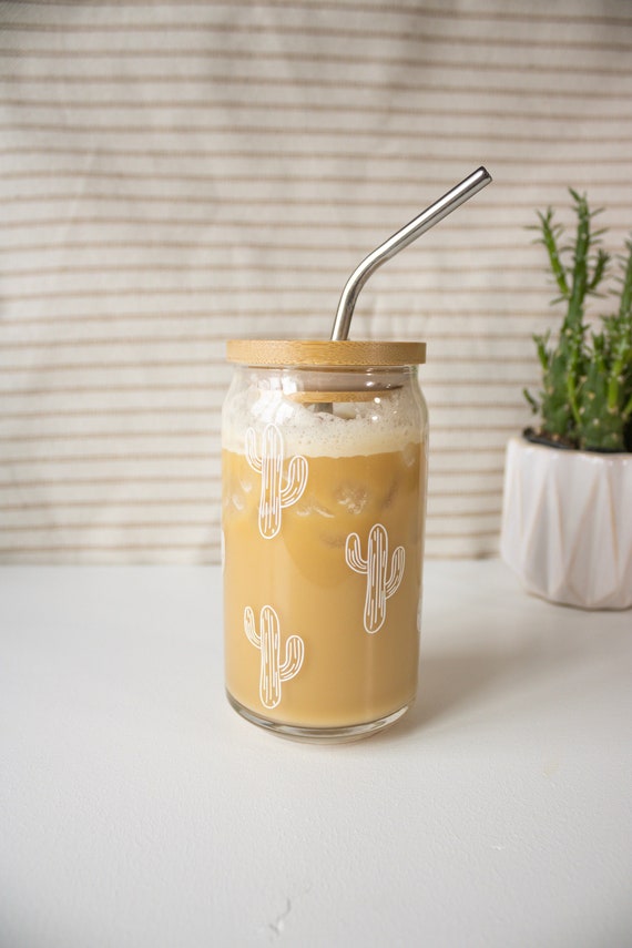 Cute Cactus Beer Can Iced Coffee Glass Cup With Lid and Straw