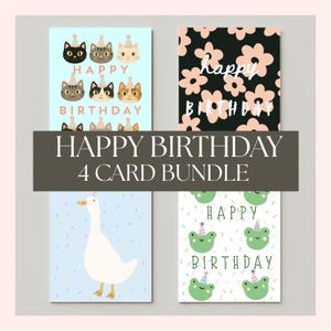 Happy Birthday Card Set – 4 Funny Cute Animal Birthday Cards for Her, Him, Friends, Kids | Cat, Frog, Goose, Floral  | Greeting cards