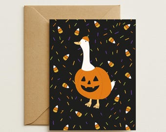 Funny Goose Halloween Card – Pumpkin Costume Goose Greeting Card, Cute Fall Animal Card, Spooky Season Candy Corn Stationery, Porch Goose