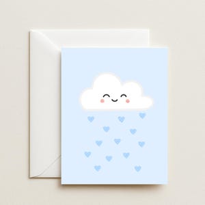 Biglietto di auguri per la nascita di un maschietto: nuvola sorridente con cuori blu / Messaggio interno: Ti inondo d'amore / Dolce saluto per la futura mamma