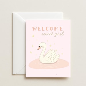 Carte de baby shower bienvenue fille douce - Carte de naissance cygne pour fille - Carte de félicitations de bébé rose pastel - Jolie carte de nouveau-né pour fille