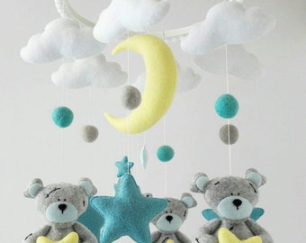 Baby crib mobile for boy, Teddy bear mobile, Blue and grey mobile, Baby nursery decor, Blue nursery decor, Baby shower gift