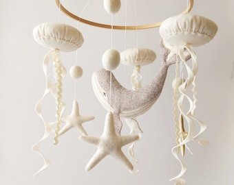 Whale baby mobile nursery Baby room decor with whale Nautical nursery decor Nursery crib mobile neutral Bay mobile with animals Crib mobile