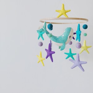 felt baby crib mobile with whale and seastars, nursery crib mobile neutral, babyroom decor with whale, nautical nursery decor, ocean mobile