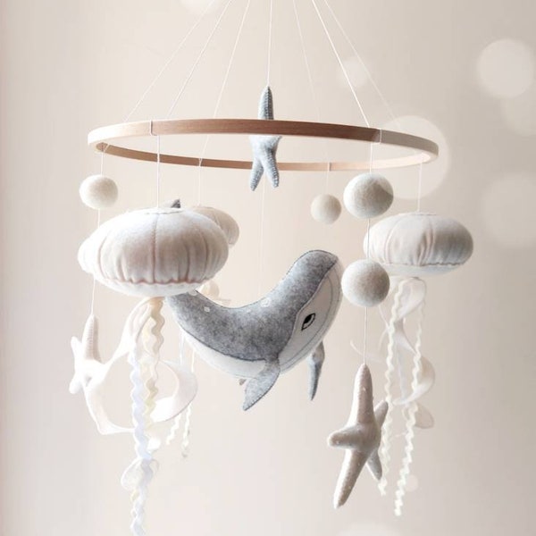 felt crib mobile with whale and jellyfish, nautical nursery decor, sea mobile, nautical nursery, baby room decor with whale, baby mobile