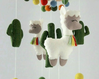 Felt crib mobile with lama and cactus, Baby shower gift, Animal nursery decor, Personalized mobile, Llama mobile nursery, Boho nursery decor