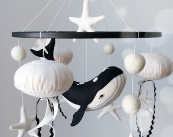 Felt Crib Mobile with Whale, Ocean Theme Nursery, Congratulations Pregnancy Gift,Baby Room Decor with Whale, Neutral Ocean Baby Mobile