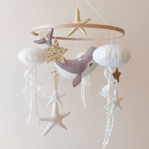 felt crib mobile with whale and jellyfish,nautical nursery decor, sea mobile, nautical style, baby room decor with whale, baby mobile