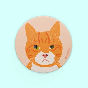 May include: A round orange and white cat face with green eyes and a pink nose. The cat is looking directly at the viewer with a serious expression. The background is a light peach color. The text "@SarahPolkay" is in the lower right corner of the image.